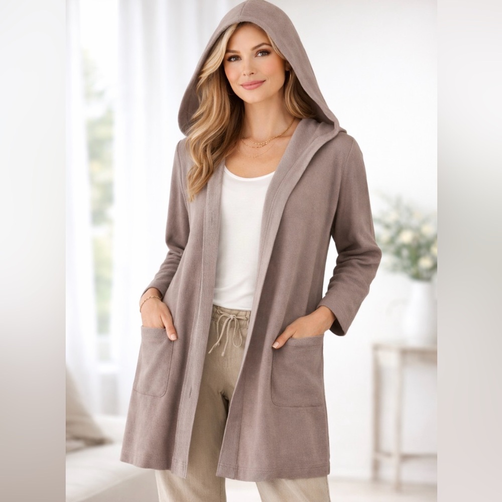 Soft Surroundings Hooded Open Long Sweater Coat Cardigan XL Taupe Neutral NEW‎